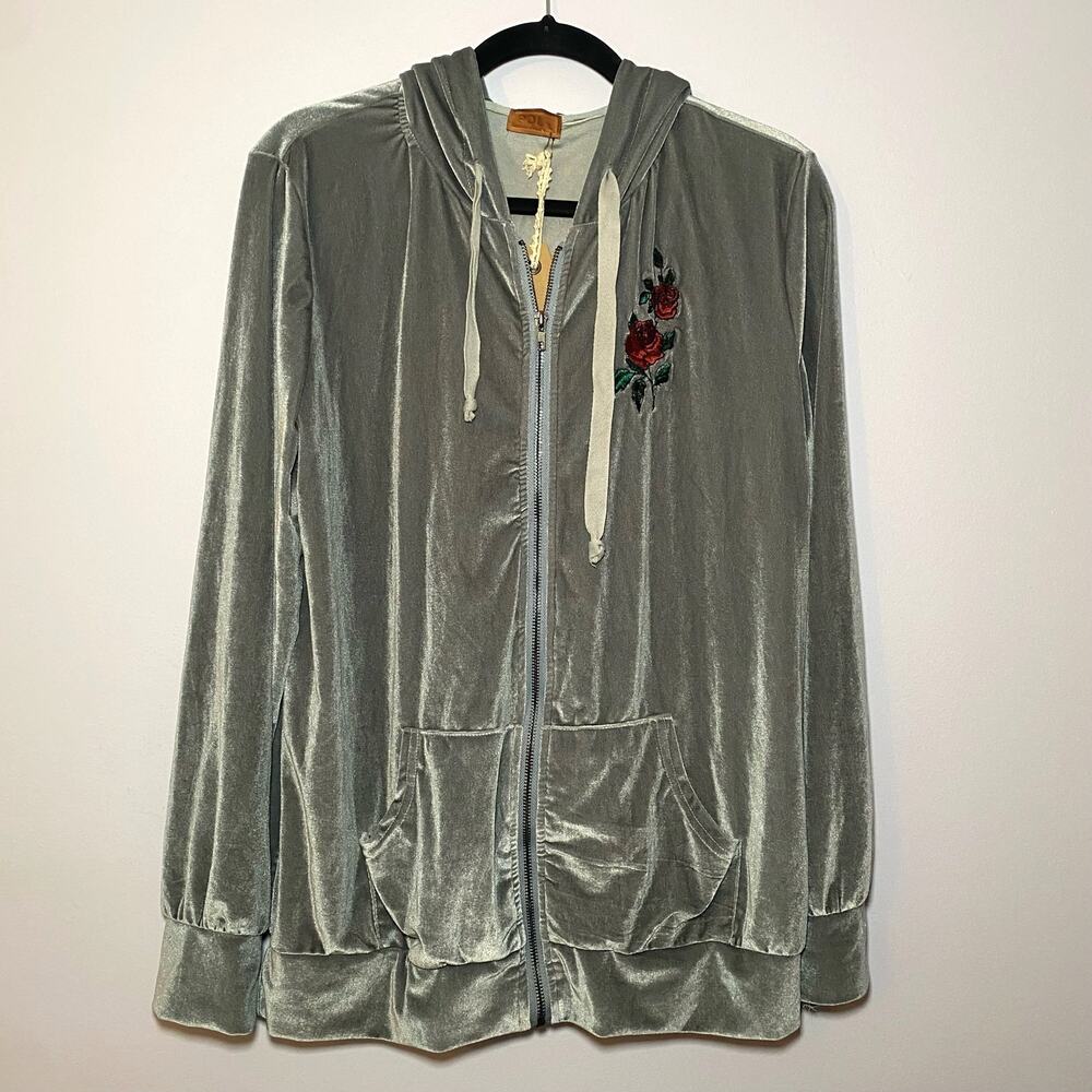 NWT POL Gray Velvet Valeur Embroidered Rose Hoodie Sweatshirt Women's size Large